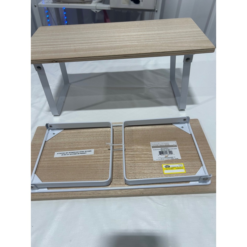 Foldable Wooden Pantry Shelf Riser Set of 2 White Metal Legs Kitchen Organizer